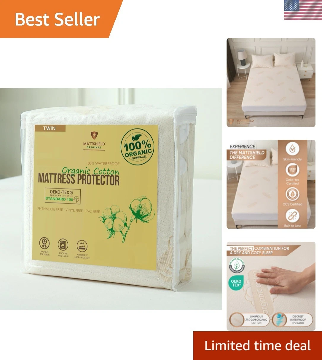 Waterproof Organic Mattress Protector Twin Size – Soft OCS Certified Organic ...