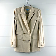 Linen Blend Double Breasted Blazer Jacket Women 10 M Tan Long Sleeve Gold Button