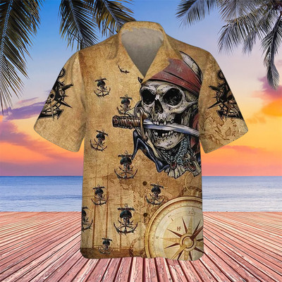 Captain Pirate With Knife Anchors Vintage Hawaiian Shirt Cool Pirate Aloha Shirt