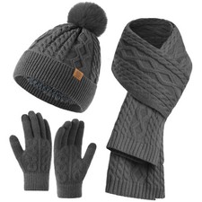 Winter Beanie Hat Scarf Gloves Touchscreen Gloves Long Neck Scarf Set with Fl...