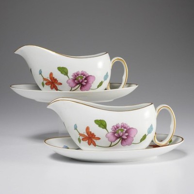 Royal Worcester Astley Purple Floral Sauce Gravy Boat w Underliner Plate 2 Sets
