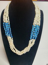 Vintage 6 Strand Freshwater Pearl and Blue Bead Necklace 21"