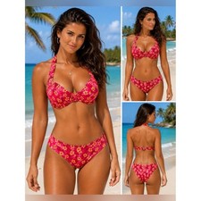 NEW Vintage Y2K Sunsets Pin Up Bikini Set 32DD XL Red Floral USA Made Beach