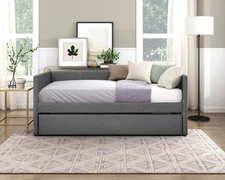 Modern Dark Gray Fabric Daybed with Trundle - Wooden Frame