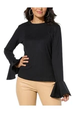 C Wonder by Christian Siriano Women's Ribbed Knit Bell Slv Top Black