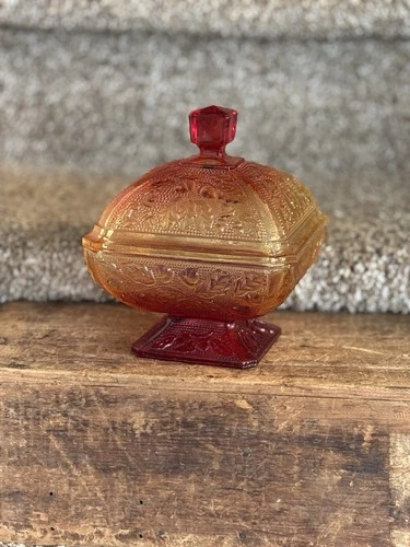 Vintage Jeanette Glass Amberina “Acorns & Leaves” Footed Candy Dish With Lid