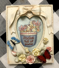 Vintage PICTURE FRAME Roses/Butterf Encrusted 3x5 Free Standing pink rose