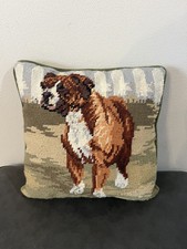 Vintage Needlepoint Bulldog Boxer Dog Throw Pillow Green Velvet Cottagecore