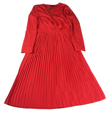 Pretty Little Thing Midi Dress US 10 Red Long Sleeve Pleated V-Neck New With Tag