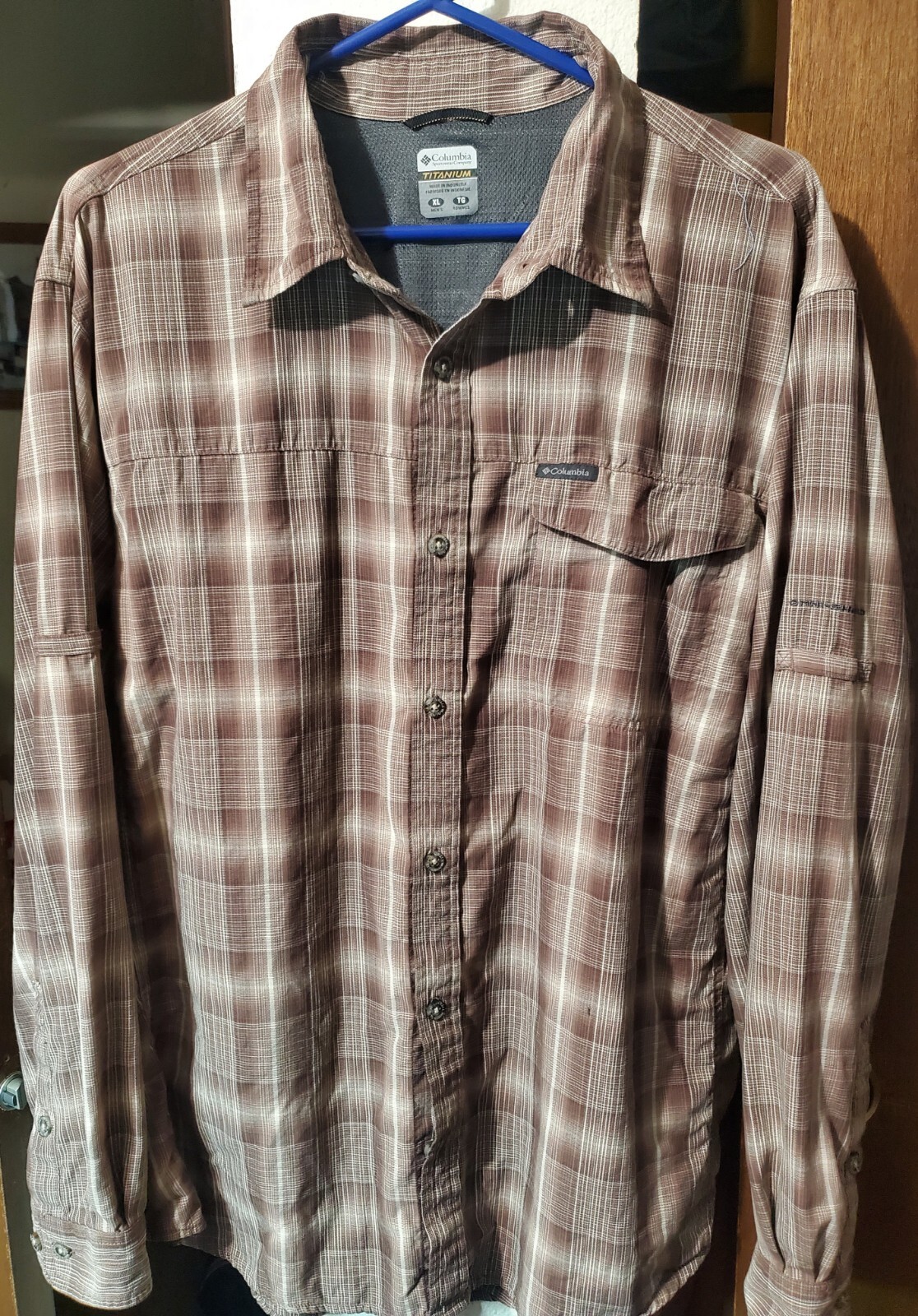 Columbia Titanium Omni-Shield Men's Long Sleeve Polo Shirt XL Plaid Brown White