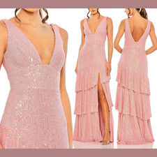 NWT IEENA Mac Duggal [ 14 ] Sequin Asymmetrical Ruffle Tiered Gown in Coral Q843