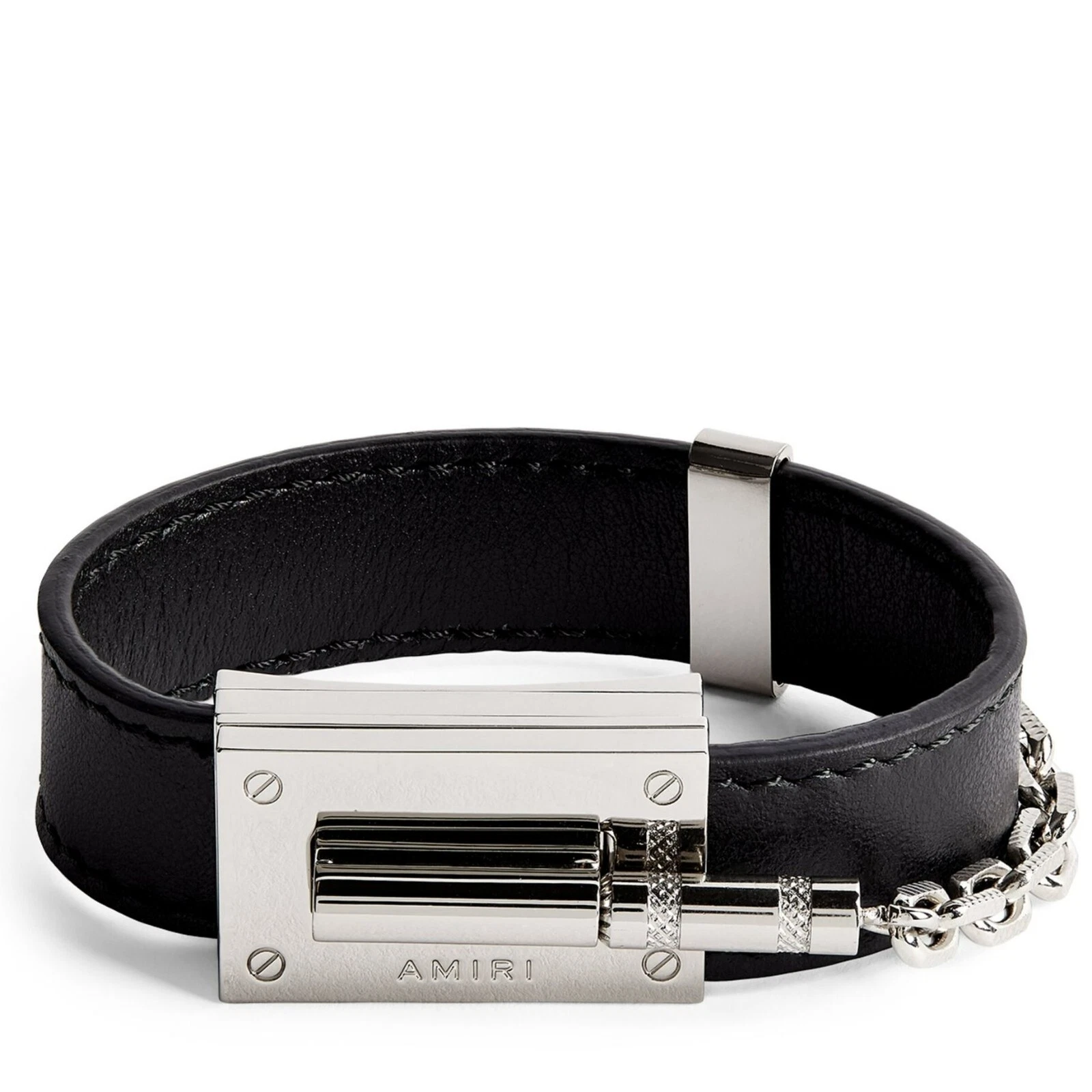Bracciale Jax argento AMIRI nero liscio in pelle di vitello italiana $590 taglia Piccolo