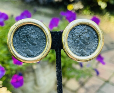 Ciner Vintage Yellow Gold Plated Large Coin Design Clip Earrings