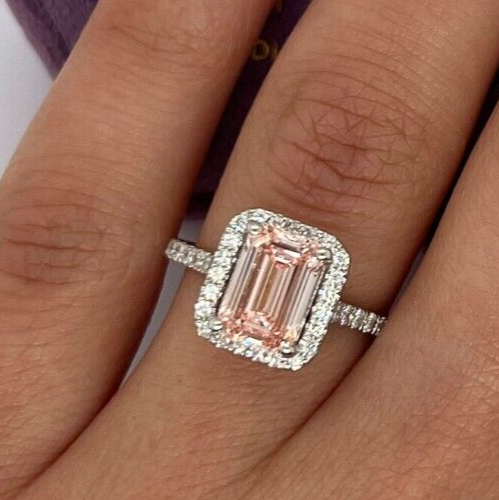 Emerald Cut 2.5CT Lab Grown Fancy Vivid Pink Diamond Wedding Ring 14k White Gold - Picture 1 of 15