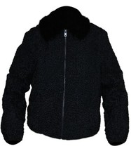 Black Real Broadtail Fur Bomber Jacket Black Mink Fur Collar Karakul Fur Coat