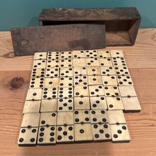 Antique 19thC Hand Carved Bone Ebony Brass Pins Domino Set With Box 27 Pieces