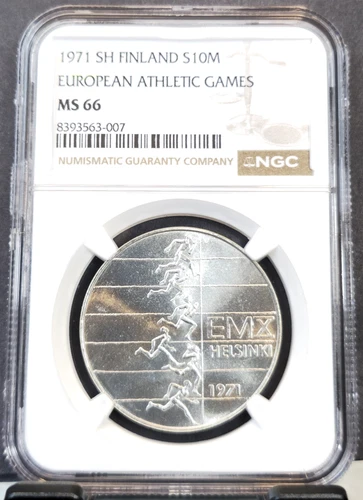 1971 FINLAND SILVER 10 MARKKAA EUROPEAN ATHLETIC GAMES NGC MS 66 SCARCE GEM