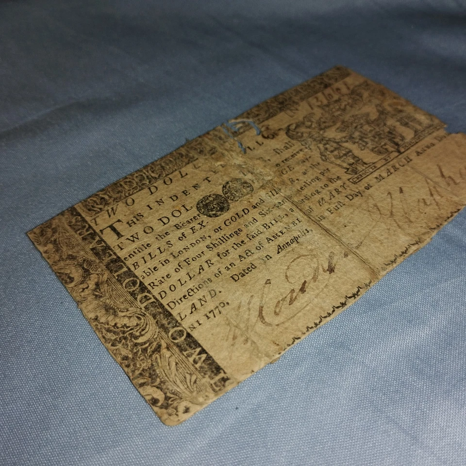 1770 $2 COLONIAL CURRENCY Maryland Two DOLLAR NOTE Low Grade Condition  - Image 2 of 4