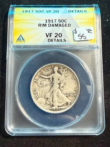 1917 WALKING LIBERTY HALF DOLLAR ANACS VF 20 DETAILS RIM DAMAGED