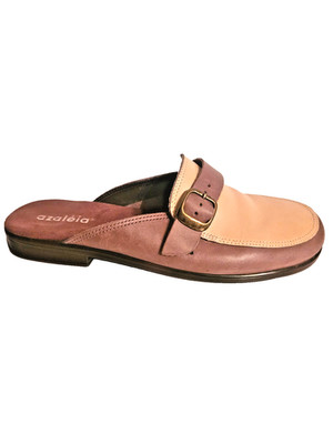 AZALEIA women's size 7M leather mules slip ons two tone tan brown buckles