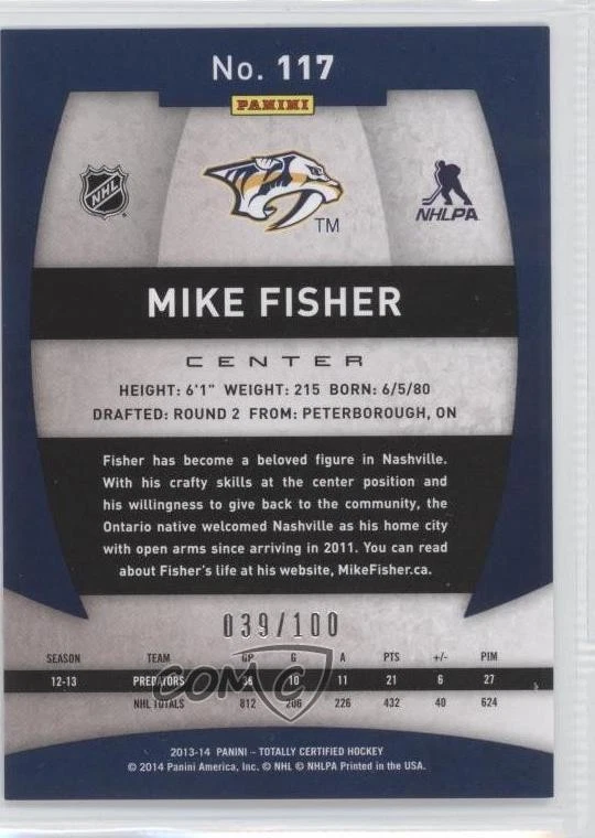2013-14 Totally Certified Platinum Red /100 Mike Fisher #117 - Image 2 of 2