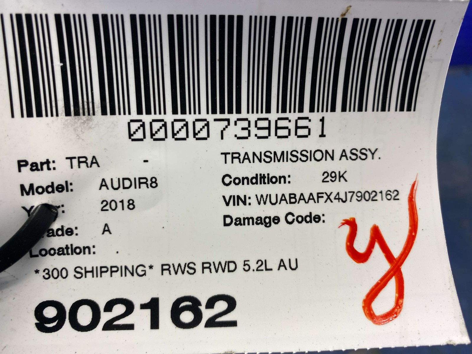 2018 AUDI R8 RWS RWD 5.2L AUTOMATIC TRANSMISSION ASSEMBLY *29K MILES*