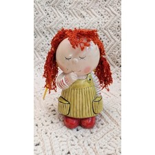 Vintage Ceramic Girl Coin Bank Red Yarn Hair Pigtails Yellow Jumper Piggy Bank