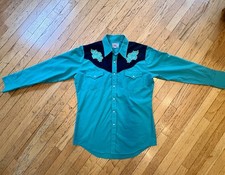 Ely Men's Vintage Diamond Shirt Teal Pearl Snap Embroidered Western Cowboy M