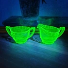 Vintage Uranium Glass Creamer Sugar Set Green Etched Floral Depression Era