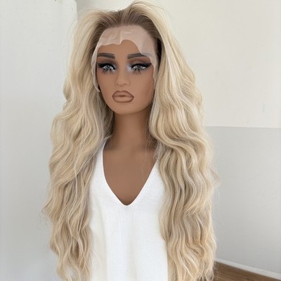Long Wavy Synthetic Hair Soft Highlight Blonde Women Frontal Lace Wig