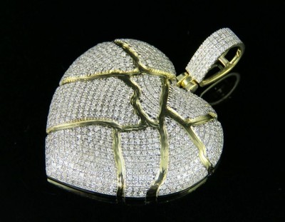 2.33ct Moissanite 3D Broken Heart Hip Hop Pendant 14K Yellow Gold Plated
