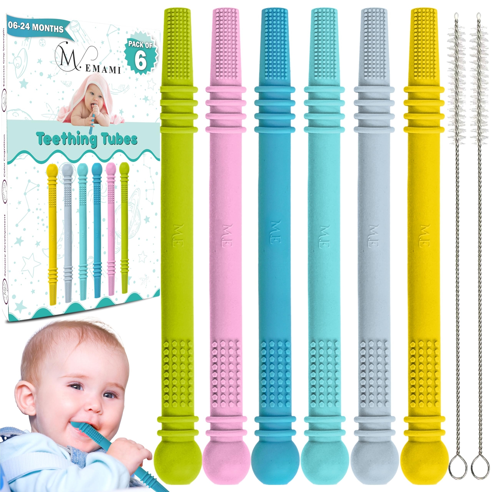Baby Teething Toy Pack Of 6 Hollow Teething Sticks With 2 Cleaning Brushes 100%