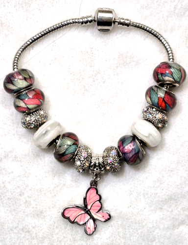 7.9" BUTTERFLY PINK MURANO LAMPWORK GLASS BEAD & RHINESTONE SPACERS BRACELET - Picture 2 of 6