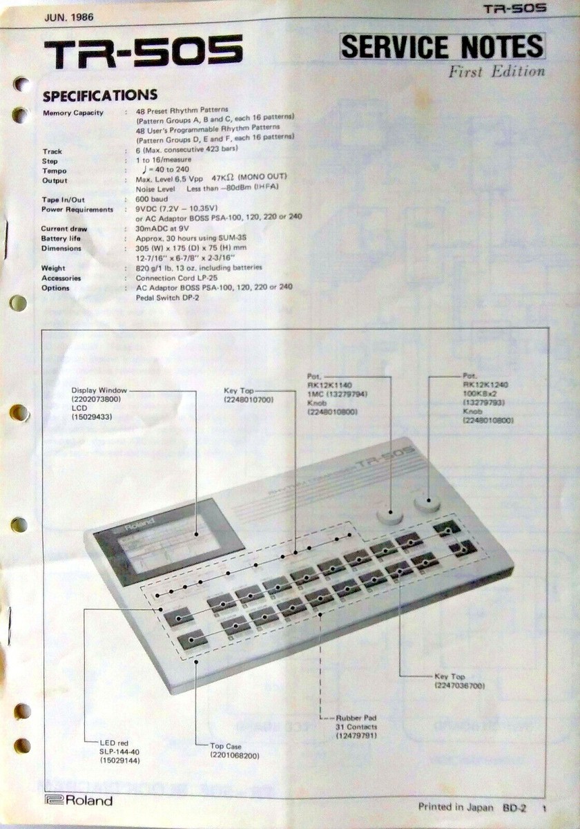 Roland TR-505 Drum Machine Original Service Manual, Schematics