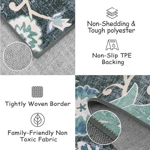 Floral Machine Washable Rugs, 3x5 Rug Vintage Rug with Rubber 3x5ft