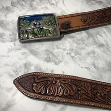 1978 Indiana Metal Craft Vintage Horses Belt Buckle  Leather Belt
