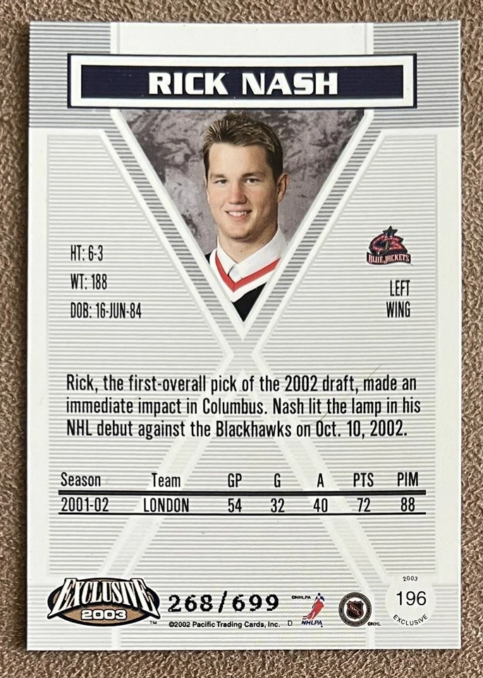 2002-03 Pacific Exclusive Blue Rick Nash /699 Columbus Blue Jackets #196 - Image 2 of 2
