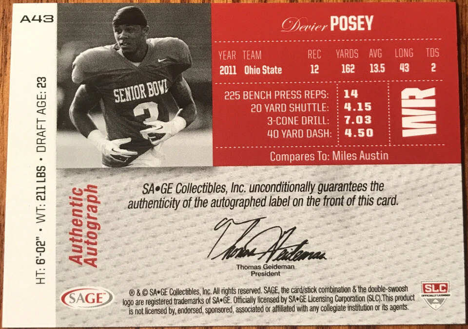 2012 SAGE Autographs Red DeVier Posey #A43 Ohio State Buckeyes - Image 2 of 2