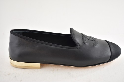 Chanel 23S Black Lambskin Grosgrain CC Logo Gold Heel Moccasin Flat Loafer 37 - Picture 8 of 17
