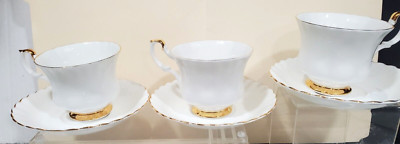 Set of 3 Royal Albert Val D'or Bone China Tea Cups and Saucers. Paper White Gold