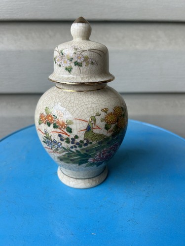 Vintage Otagiri OMC Peacock Floral Ceramic Crackle Ginger Jar Japan 6" Asian