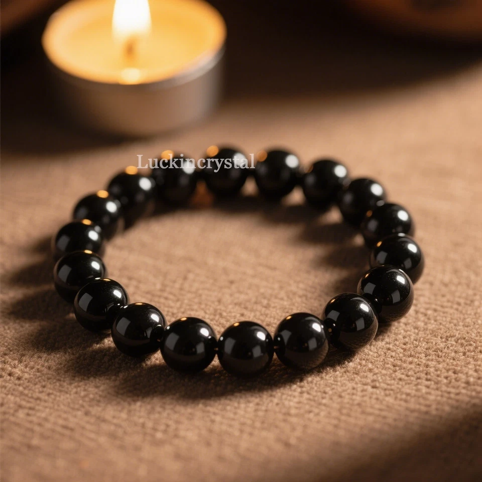 Natural Black Tourmaline 6mm Beads EMF Protection Healing Reiki Stretch Bracelet - Image 2 of 4
