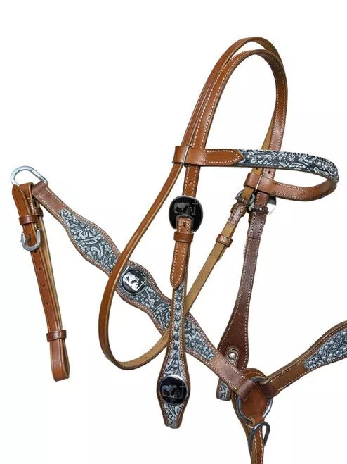 Showman 119 Grey Filigree Overlay Tack Set with Praying Cowboy Conchos