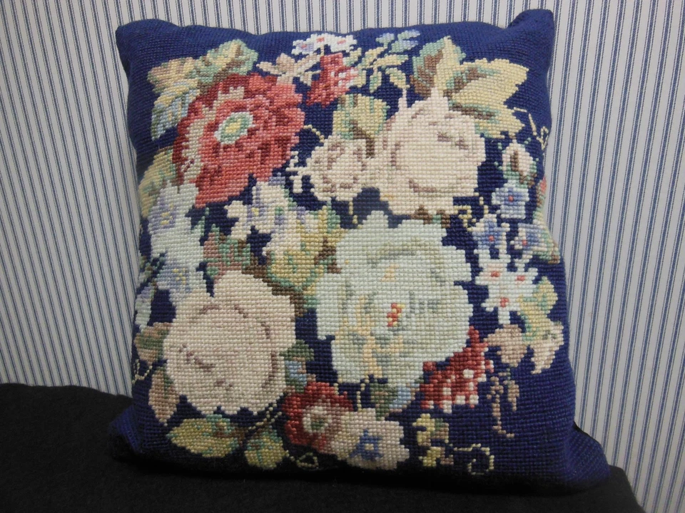 Vintage Needlepoint Pillow Flowers/Leaves. Black Velvet Back, Zipper- 14" X 14” - Image 2 of 4