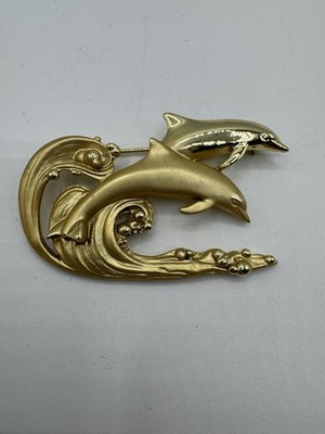 Vintage AJC Leaping Dolphin Brooch Gold Tone Art Nouveau American Jewelry Used