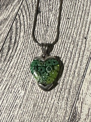 Alan K Sterling Silver MILLEFIORI Green Murano Glass Heart Pendant Necklace 24 