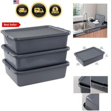 3-Pack 13 L Plastic Commercial Tote Box with Lid, Bus Tubs/Bus Box, Gray