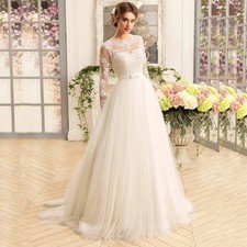Elegant Long Sleeve Wedding Dresses O-Neck Lace A-line Tulle BridalGown Applique