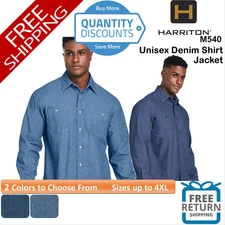 🔥 Harriton Men Denim Shirt Jacket chest pockets Relaxed fit Up To 4XL M540