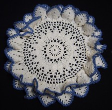 Vtg Doily Heavy White  Blue Cotton Crochet with Ruffled Edge Doilie Granny Made
